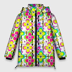 Женская зимняя куртка Цветочный ретро узор в неоновых тонах