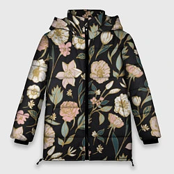 Женская зимняя куртка Цветы Астры На Чёрном Фоне