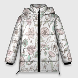 Женская зимняя куртка Цветы Астры и Розы На Светлом Фоне