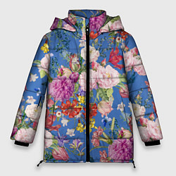 Женская зимняя куртка Цветы Розовый Букет На Синем Фоне
