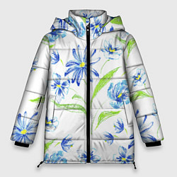 Куртка зимняя женская Цветы Синие Нарисованные Карандашами, цвет: 3D-красный