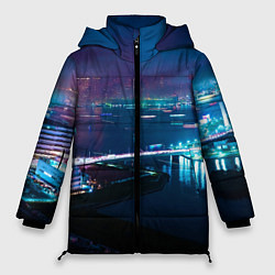Куртка зимняя женская Неоновый город и мост - Синий, цвет: 3D-черный