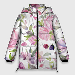 Женская зимняя куртка Летний красочный паттерн из цветков розы и ягод еж