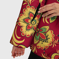 Куртка зимняя женская Хохломская Роспись Цветы На красном Фоне, цвет: 3D-светло-серый — фото 2