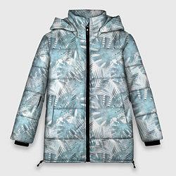 Женская зимняя куртка Голубые листья пальмы на белом