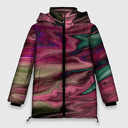 Куртка зимняя женская Абстрактный размытый узор в розово-зеленых цветах, цвет: 3D-красный