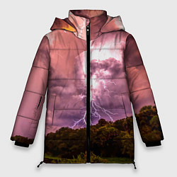 Куртка зимняя женская Грозовые разряды молний над лесным озером, цвет: 3D-красный