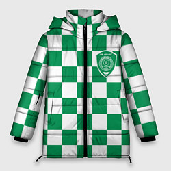 Женская зимняя куртка ФК Ахмат на фоне бело зеленой формы в квадрат