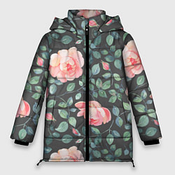 Женская зимняя куртка Розовые розы на сером фоне Цветы