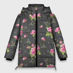 Женская зимняя куртка Розовые розы на сером фоне