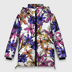 Куртка зимняя женская Цветы Разноцветные На Белом Фоне, цвет: 3D-светло-серый