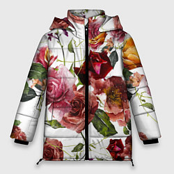 Женская зимняя куртка Цветы Нарисованные Красные и Розовые Розы
