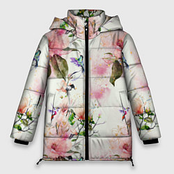 Женская зимняя куртка Цветы Нарисованные Магнолии и Разноцветные Птицы