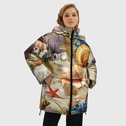Куртка зимняя женская Морские раковины, кораллы, морские звёзды на песке, цвет: 3D-черный — фото 2