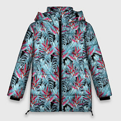 Женская зимняя куртка Голубые тропические листья и цветы