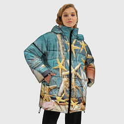 Куртка зимняя женская Натюрморт из сети, морских звёзд и ракушек - лето, цвет: 3D-черный — фото 2