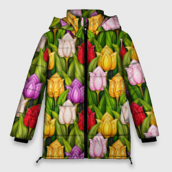 Женская зимняя куртка Объемные разноцветные тюльпаны