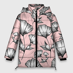 Женская зимняя куртка Графичные цветы на пудровом фоне