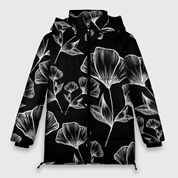 Женская зимняя куртка Графичные цветы на черном фоне