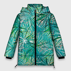 Женская зимняя куртка Тропические листья на зеленом фоне