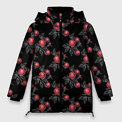 Куртка зимняя женская Акварельные розы на черном, цвет: 3D-черный