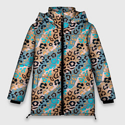 Женская зимняя куртка Леопардовый узор на синих, бежевых диагональных по