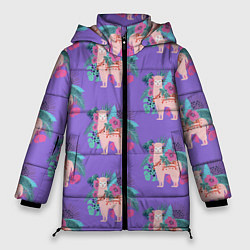 Женская зимняя куртка Розовая альпака с тропическими листьями и цветами