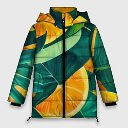 Куртка зимняя женская Листья монстеры и дольки апельсинов, цвет: 3D-черный