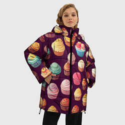 Куртка зимняя женская Много нарисованных капкейков, цвет: 3D-черный — фото 2