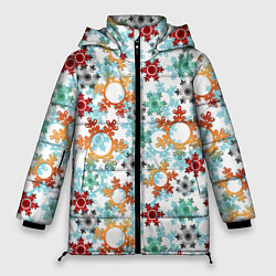 Куртка зимняя женская Новогодний декор бумажные разноцветные снежинки, цвет: 3D-черный