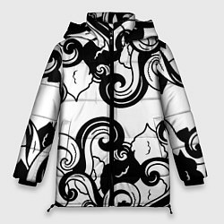 Куртка зимняя женская Черные волнистые узоры на белом, цвет: 3D-светло-серый