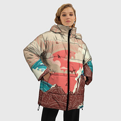 Куртка зимняя женская Большие океанские волны и скалистый остров на зака, цвет: 3D-красный — фото 2