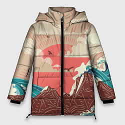 Куртка зимняя женская Большие океанские волны и скалистый остров на зака, цвет: 3D-красный