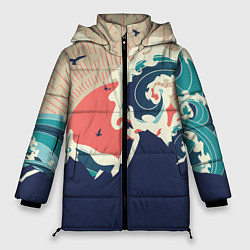 Куртка зимняя женская Большая океанская волна и силуэт пустынного остров, цвет: 3D-светло-серый