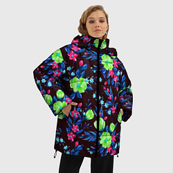 Куртка зимняя женская Неоновые цветы - паттерн, цвет: 3D-черный — фото 2