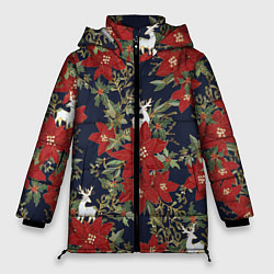 Куртка зимняя женская Новый год 2023 красные цветы и олени, цвет: 3D-красный
