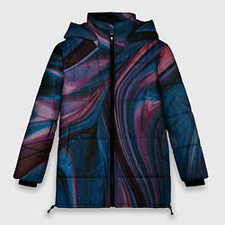 Куртка зимняя женская Абстрактные фиолетовые и синие волны с блёстками, цвет: 3D-черный