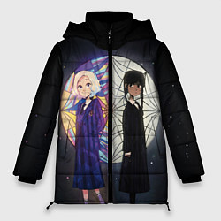 Куртка зимняя женская Энид и Уэнсдэй на фоне окна, цвет: 3D-черный