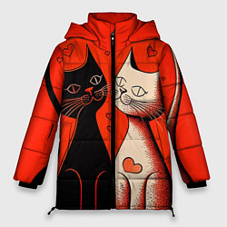 Женская зимняя куртка Влюблённые кошки на красном фоне