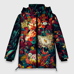 Куртка зимняя женская Цветочный паттерн с цветами и листьями, цвет: 3D-красный
