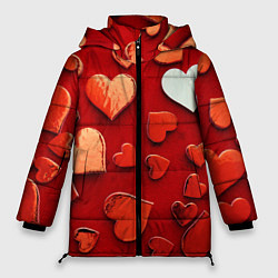 Куртка зимняя женская Красные сердца на красном фоне, цвет: 3D-красный