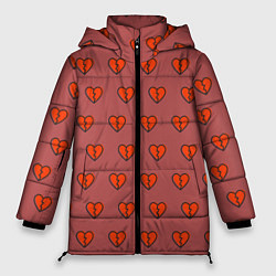 Женская зимняя куртка Разбитые сердца на бордовом фоне