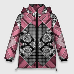 Куртка зимняя женская Геометрический розово-черный с белым узор, цвет: 3D-красный