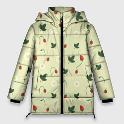 Куртка зимняя женская Узор из веточек и листиков земляники, цвет: 3D-красный