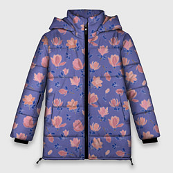 Женская зимняя куртка Цветы магнолии на нежно-лиловом