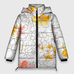 Куртка зимняя женская Нарисованный цветы - светлый, цвет: 3D-черный