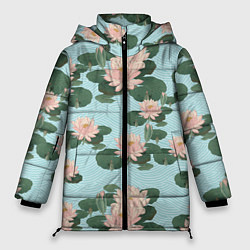 Женская зимняя куртка Водяные лилии на бирюзовом фоне