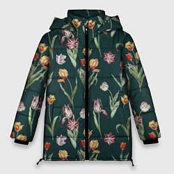Женская зимняя куртка Тюльпаны на зеленом фоне