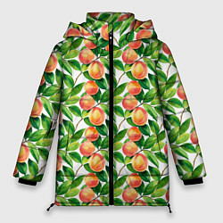 Куртка зимняя женская Персики акварельный паттерн, цвет: 3D-красный
