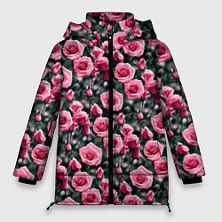 Женская зимняя куртка Кусты розовых роз на сером фоне